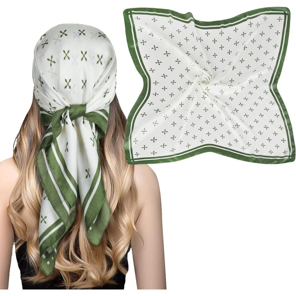 imageEXTREE Fashion Silky Satin Headscarf for Women Girls Exquisite Pattern Lightweight Silk Graceful Scarfs 275 x 275 inchesCross Arrow White Green
