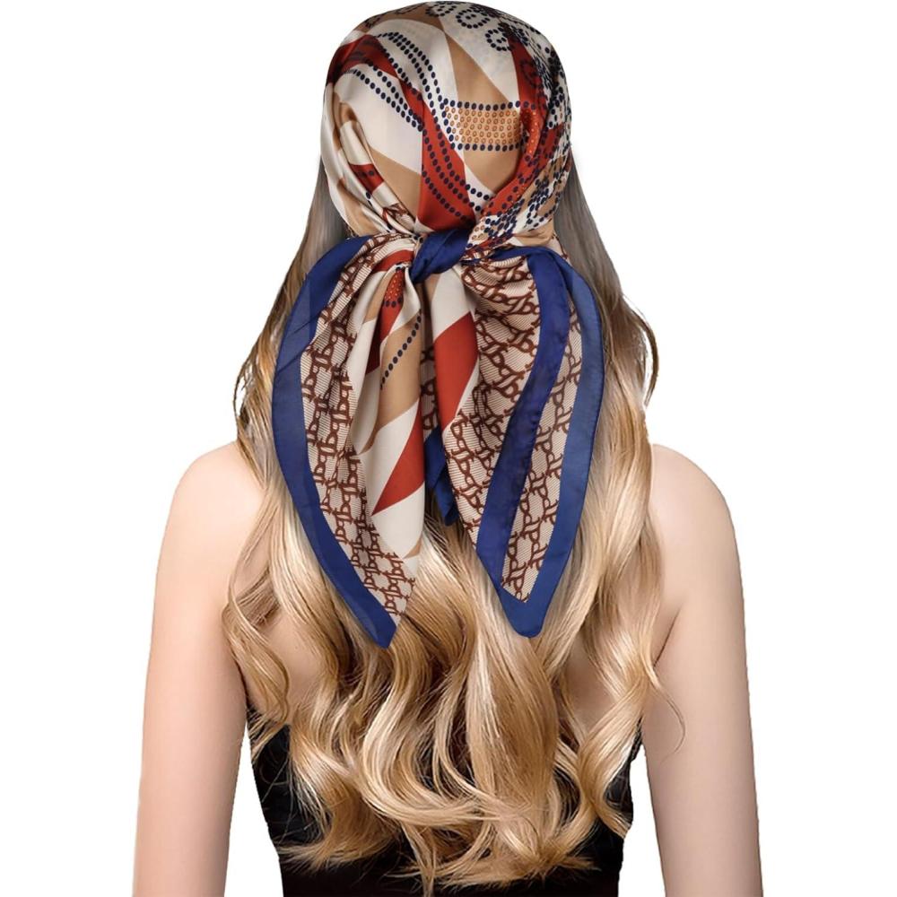 imageEXTREE Fashion Silky Satin Headscarf for Women Girls Exquisite Pattern Lightweight Silk Graceful Scarfs 275 x 275 inchesDiamond Navy Blue Border