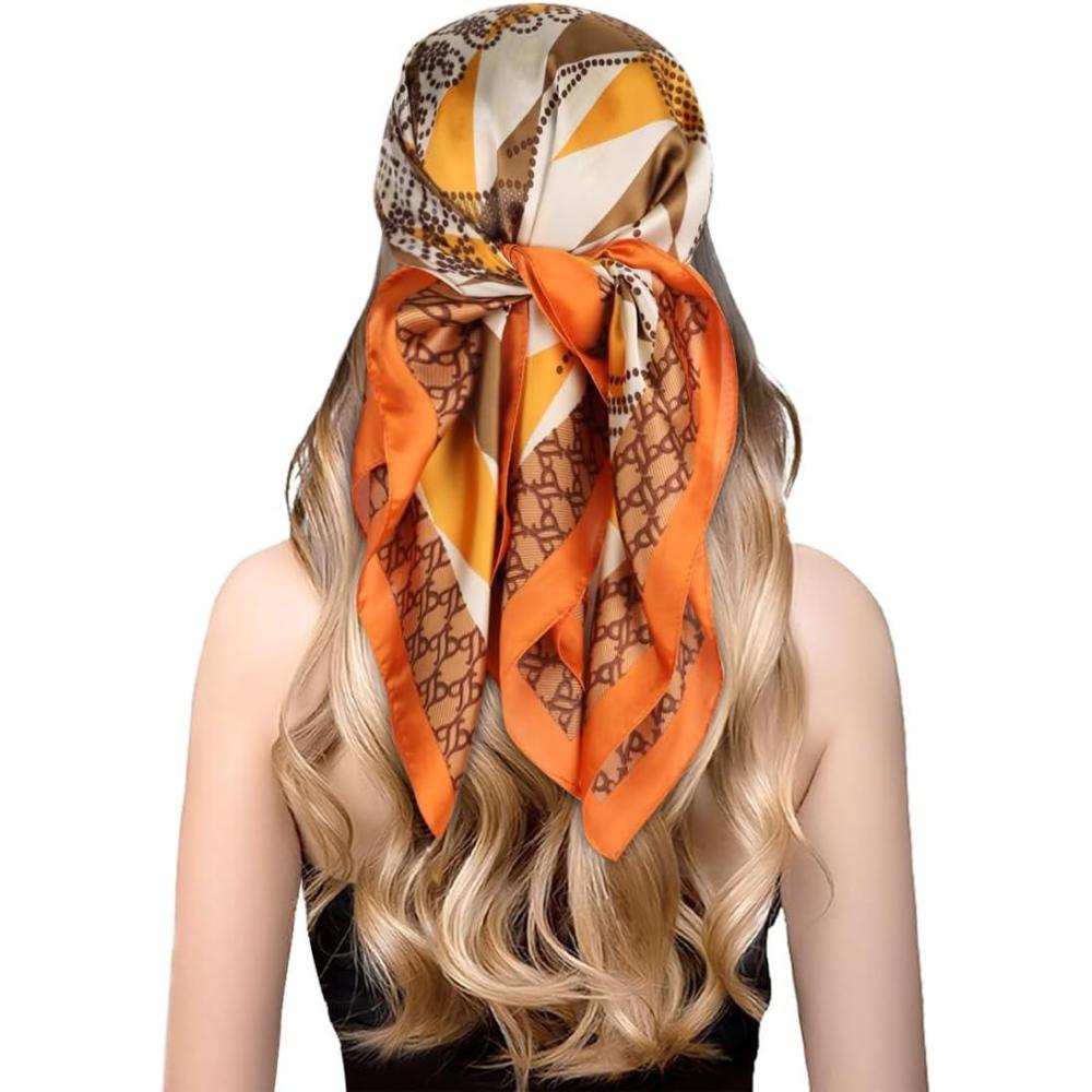 imageEXTREE Fashion Silky Satin Headscarf for Women Girls Exquisite Pattern Lightweight Silk Graceful Scarfs 275 x 275 inchesDiamond Orange Edge