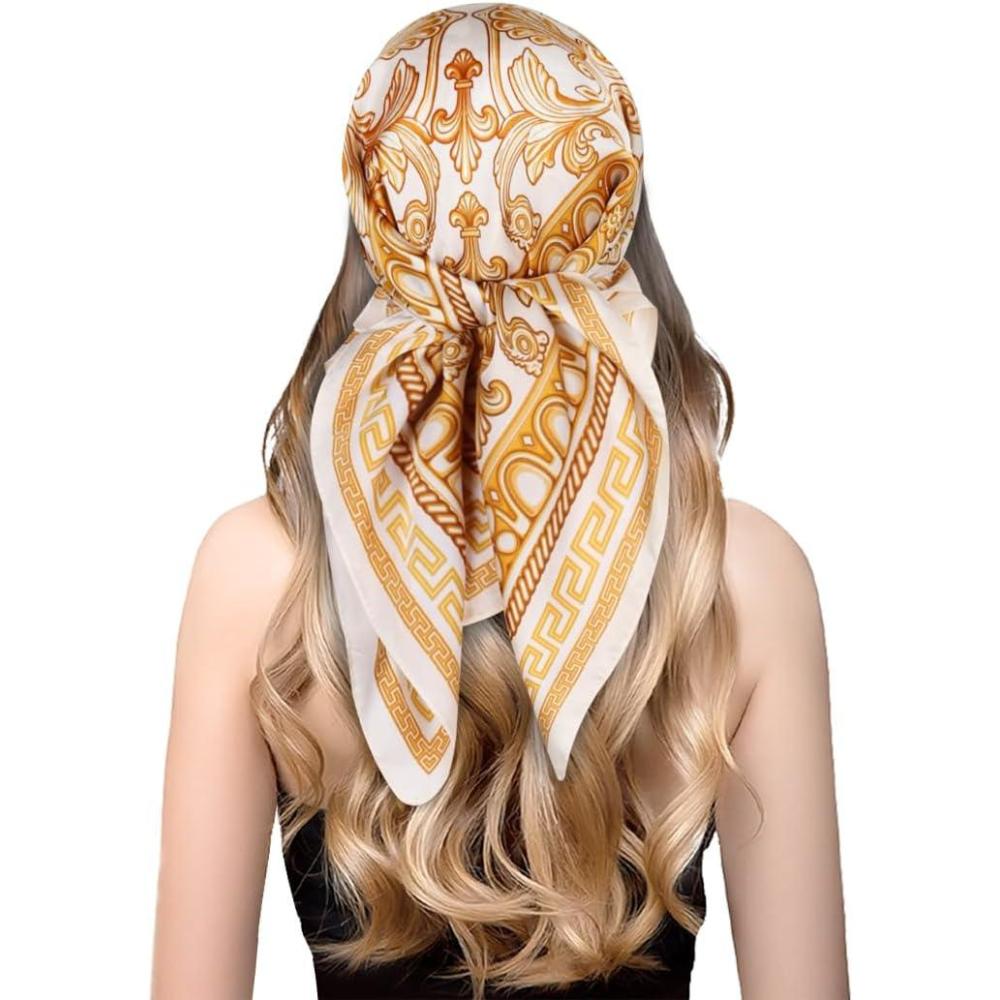 imageEXTREE Fashion Silky Satin Headscarf for Women Girls Exquisite Pattern Lightweight Silk Graceful Scarfs 275 x 275 inchesFlower Vine White Background