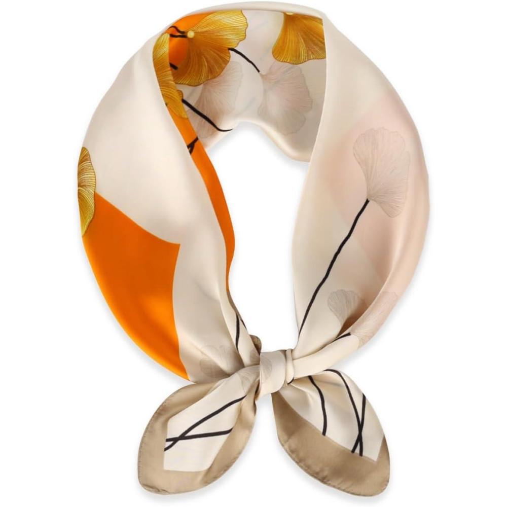 imageEXTREE Fashion Silky Satin Headscarf for Women Girls Exquisite Pattern Lightweight Silk Graceful Scarfs 275 x 275 inchesGinkgo Leaf Orange