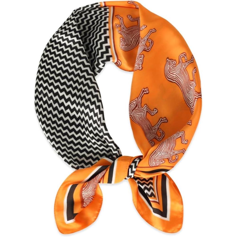 imageEXTREE Fashion Silky Satin Headscarf for Women Girls Exquisite Pattern Lightweight Silk Graceful Scarfs 275 x 275 inchesHerringbone Carriage Orange Frame