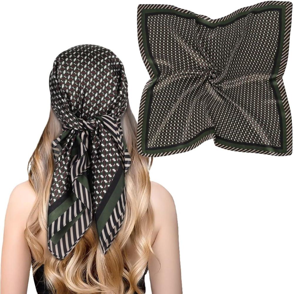 imageEXTREE Fashion Silky Satin Headscarf for Women Girls Exquisite Pattern Lightweight Silk Graceful Scarfs 275 x 275 inchesHoundstooth Army Green
