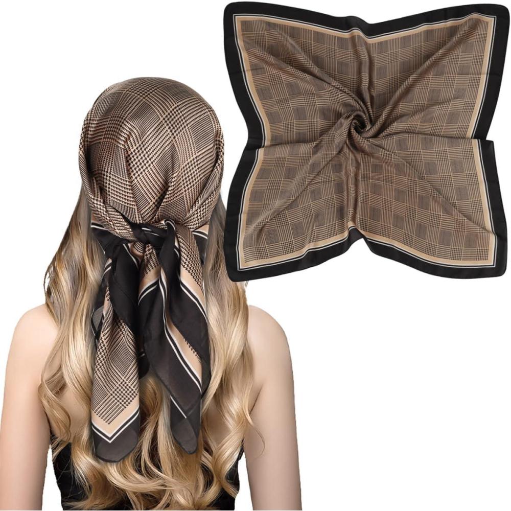 imageEXTREE Fashion Silky Satin Headscarf for Women Girls Exquisite Pattern Lightweight Silk Graceful Scarfs 275 x 275 inchesHoundstooth Copper
