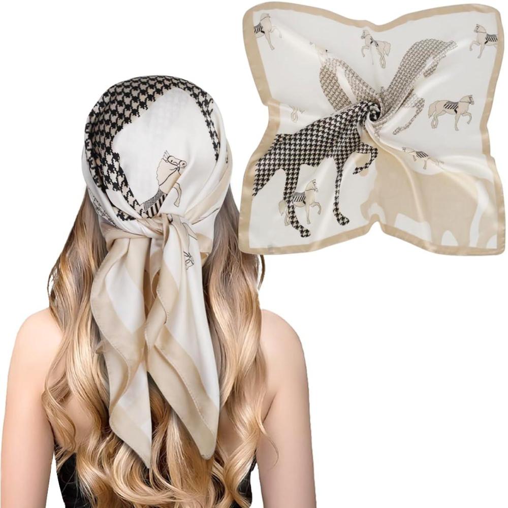 imageEXTREE Fashion Silky Satin Headscarf for Women Girls Exquisite Pattern Lightweight Silk Graceful Scarfs 275 x 275 inchesHoundstooth Horse Beige