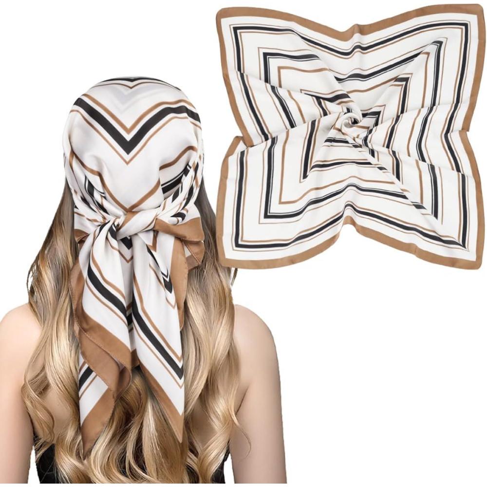 imageEXTREE Fashion Silky Satin Headscarf for Women Girls Exquisite Pattern Lightweight Silk Graceful Scarfs 275 x 275 inchesKhaki Stylish