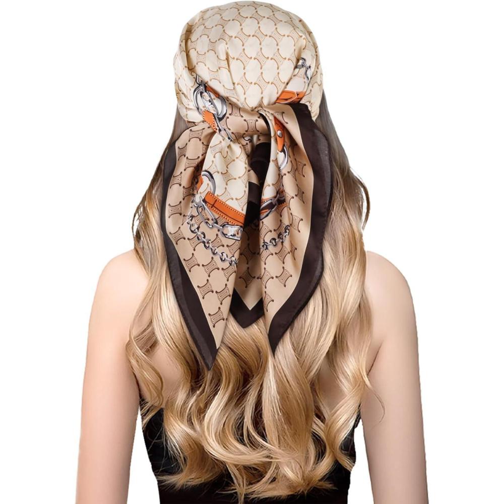 imageEXTREE Fashion Silky Satin Headscarf for Women Girls Exquisite Pattern Lightweight Silk Graceful Scarfs 275 x 275 inchesLeather Snap Beige