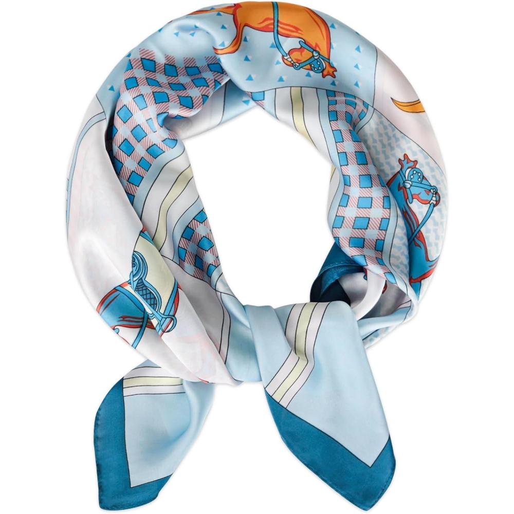 imageEXTREE Fashion Silky Satin Headscarf for Women Girls Exquisite Pattern Lightweight Silk Graceful Scarfs 275 x 275 inchesLight Blue Plaid Horse