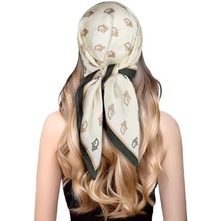 imageEXTREE Fashion Silky Satin Headscarf for Women Girls Exquisite Pattern Lightweight Silk Graceful Scarfs 275 x 275 inchesOff White Letter D