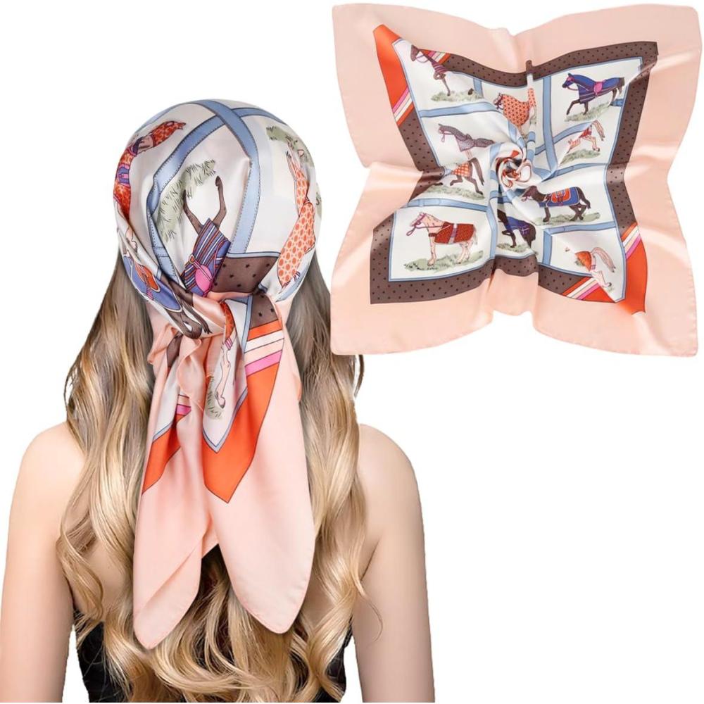 imageEXTREE Fashion Silky Satin Headscarf for Women Girls Exquisite Pattern Lightweight Silk Graceful Scarfs 275 x 275 inchesPink Edge Pony Puzzle