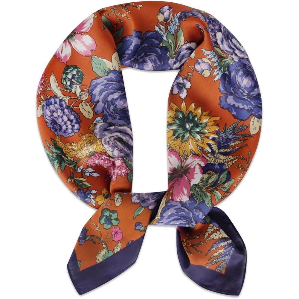imageEXTREE Fashion Silky Satin Headscarf for Women Girls Exquisite Pattern Lightweight Silk Graceful Scarfs 275 x 275 inchesPurple Rust Red