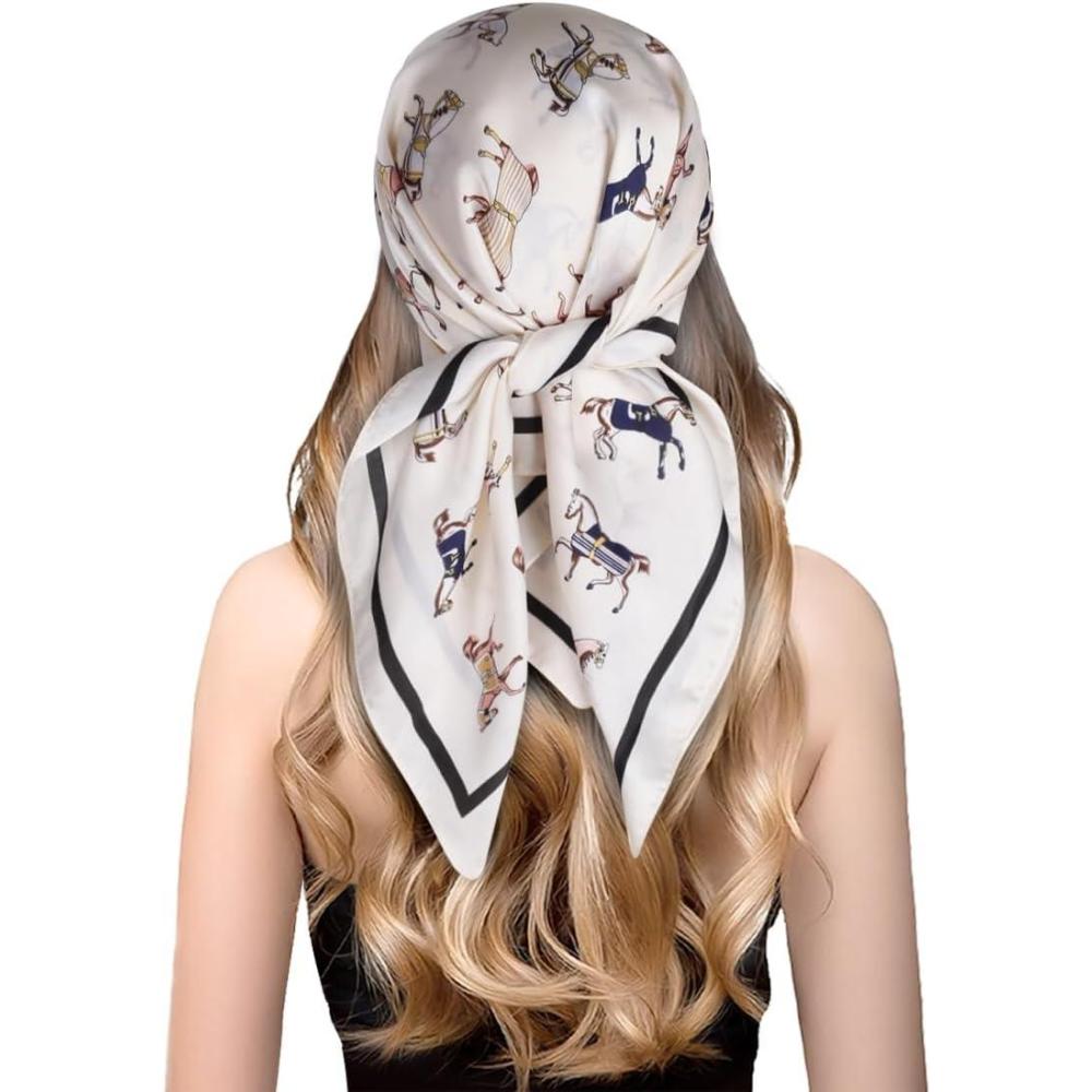 imageEXTREE Fashion Silky Satin Headscarf for Women Girls Exquisite Pattern Lightweight Silk Graceful Scarfs 275 x 275 inchesSolid Pony Beige