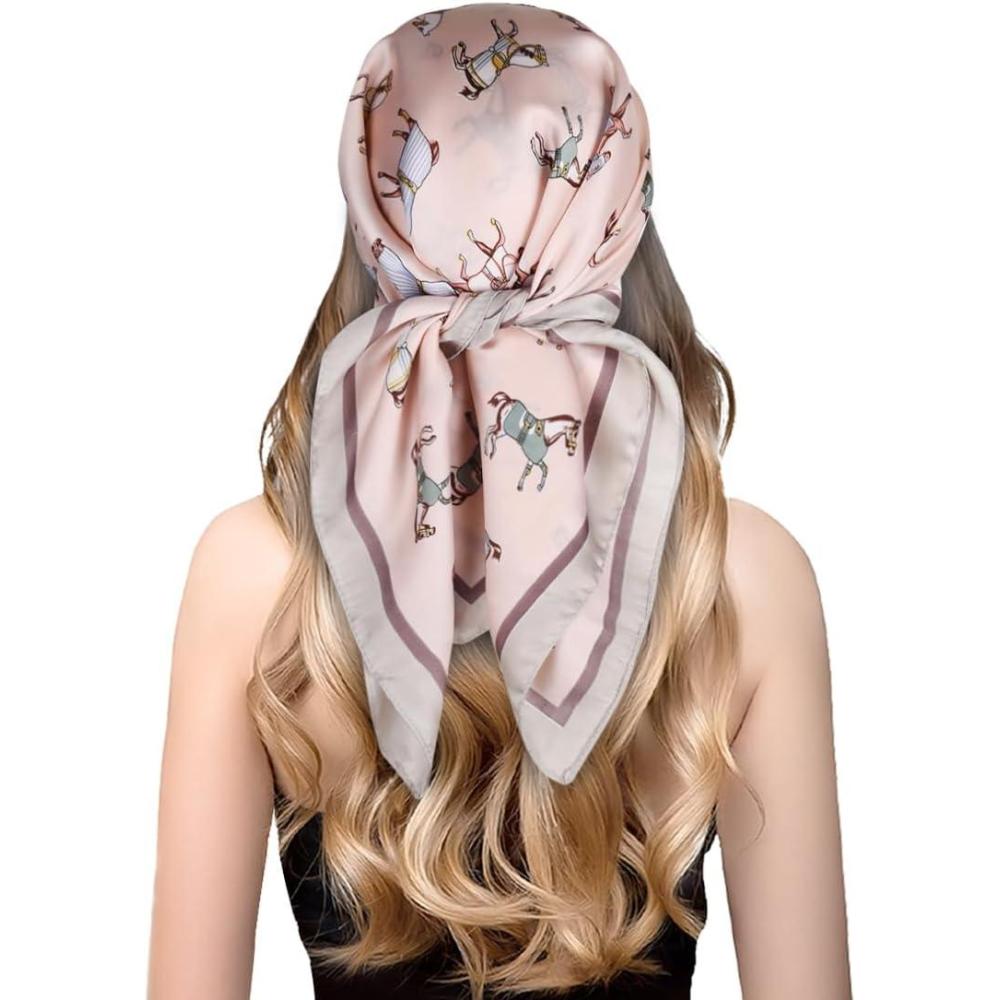 imageEXTREE Fashion Silky Satin Headscarf for Women Girls Exquisite Pattern Lightweight Silk Graceful Scarfs 275 x 275 inchesSolid Pony Pink
