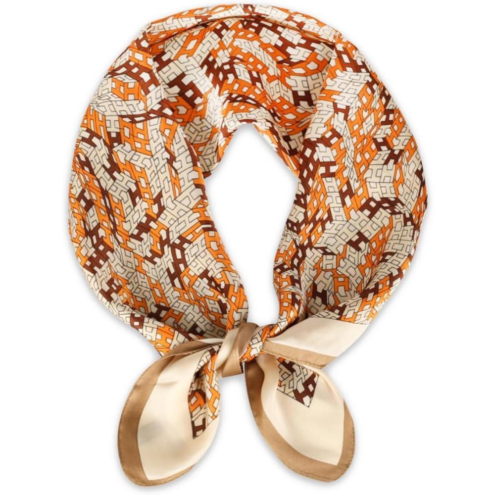 imageEXTREE Fashion Silky Satin Headscarf for Women Girls Exquisite Pattern Lightweight Silk Graceful Scarfs 275 x 275 inchesStitched Letters Brown