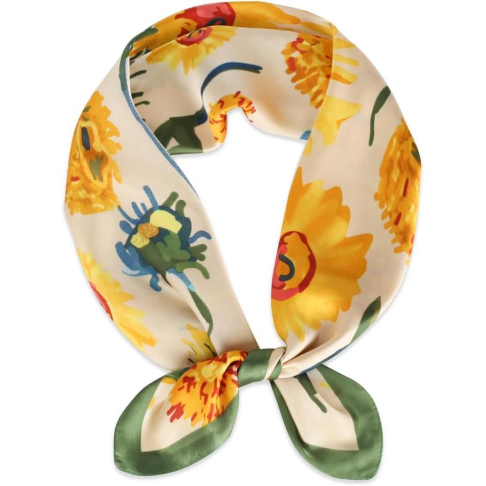 imageEXTREE Fashion Silky Satin Headscarf for Women Girls Exquisite Pattern Lightweight Silk Graceful Scarfs 275 x 275 inchesSunflower Green Edge