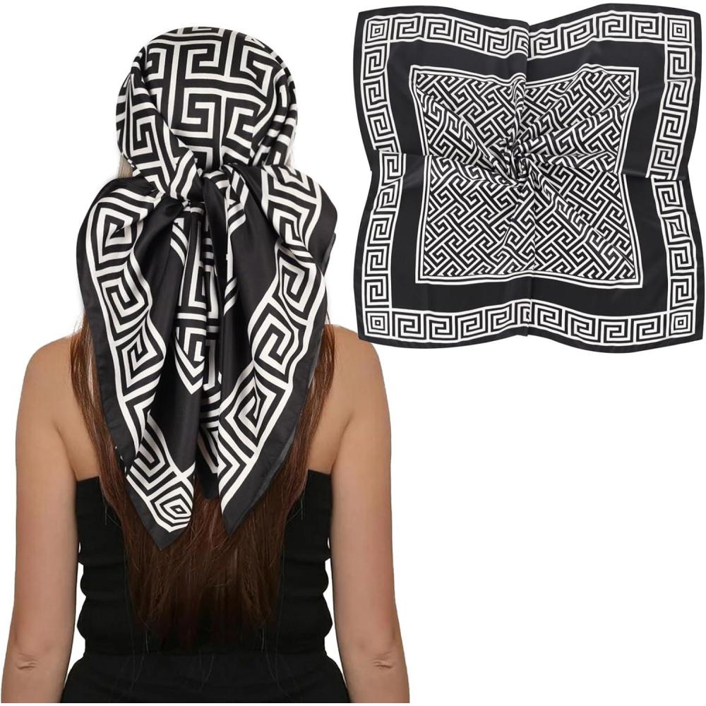 imageEXTREE Luxury Satin Head Scarf 35x35  Silklike Wrap for Women Versatile ShawlSun CoverWrapping Premium Gift for HerBlack and White Huizi Pattern