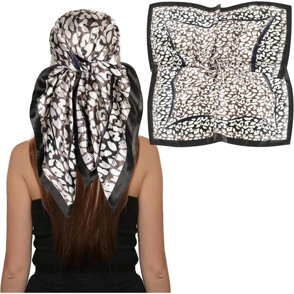 imageEXTREE Luxury Satin Head Scarf 35x35  Silklike Wrap for Women Versatile ShawlSun CoverWrapping Premium Gift for HerBlackedged Leopard Print