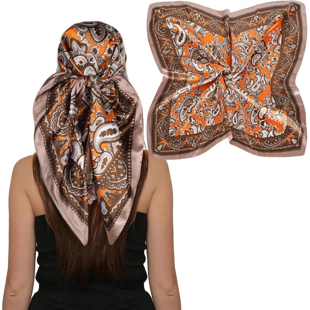 imageEXTREE Luxury Satin Head Scarf 35x35  Silklike Wrap for Women Versatile ShawlSun CoverWrapping Premium Gift for HerDouble Cashew Orange