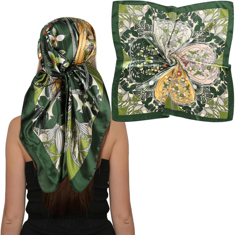 imageEXTREE Luxury Satin Head Scarf 35x35  Silklike Wrap for Women Versatile ShawlSun CoverWrapping Premium Gift for HerGreen Jungle