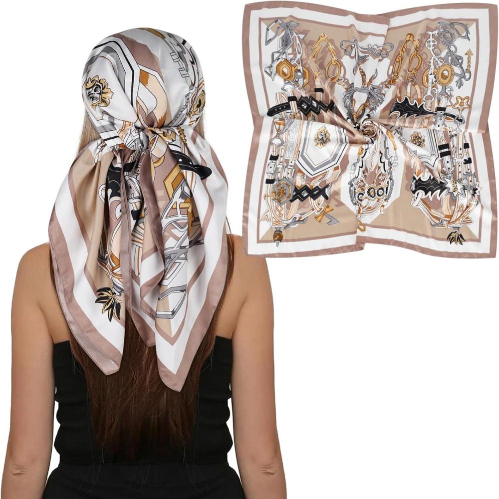 imageEXTREE Luxury Satin Head Scarf 35x35  Silklike Wrap for Women Versatile ShawlSun CoverWrapping Premium Gift for HerKhaki