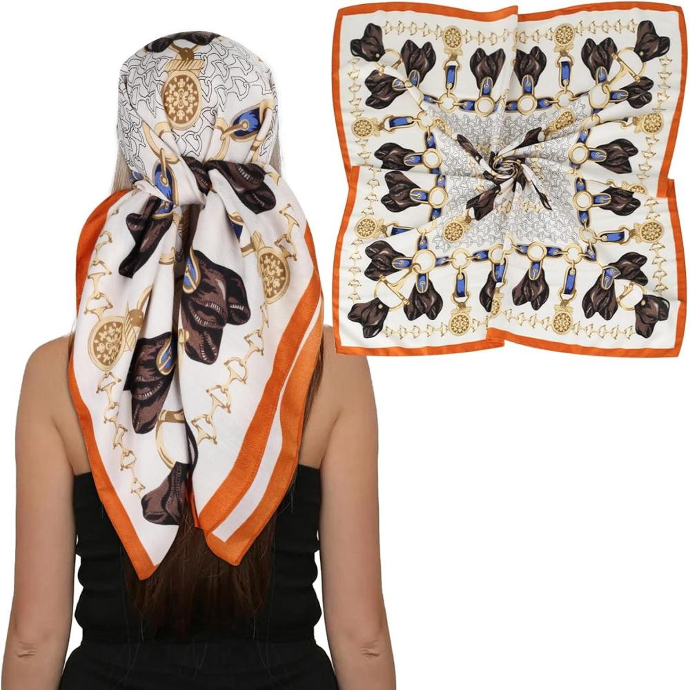 imageEXTREE Luxury Satin Head Scarf 35x35  Silklike Wrap for Women Versatile ShawlSun CoverWrapping Premium Gift for HerOrange and White Saddle Buckle