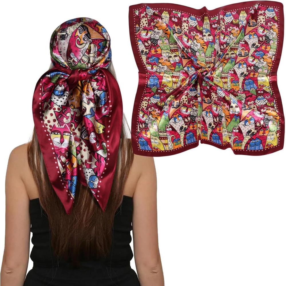 imageEXTREE Luxury Satin Head Scarf 35x35  Silklike Wrap for Women Versatile ShawlSun CoverWrapping Premium Gift for HerRainbow Cat