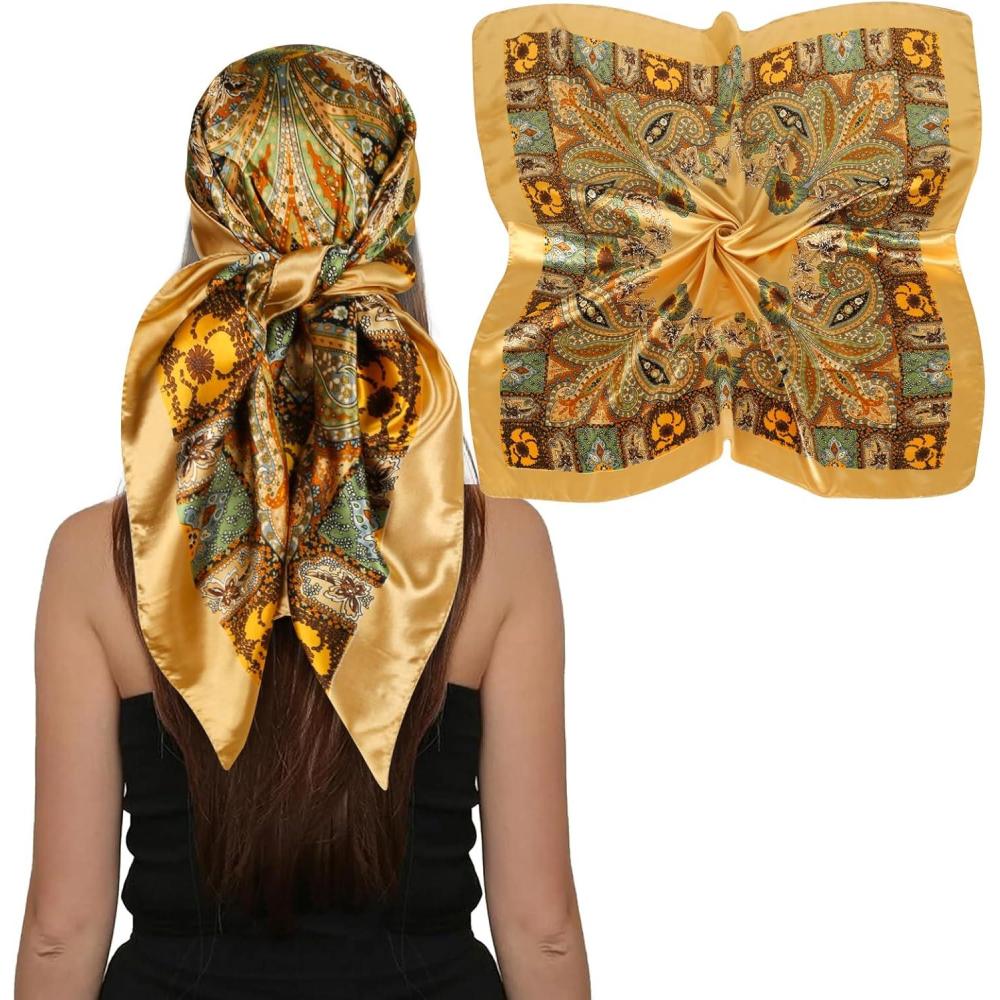 imageEXTREE Luxury Satin Head Scarf 35x35  Silklike Wrap for Women Versatile ShawlSun CoverWrapping Premium Gift for HerTurmeric