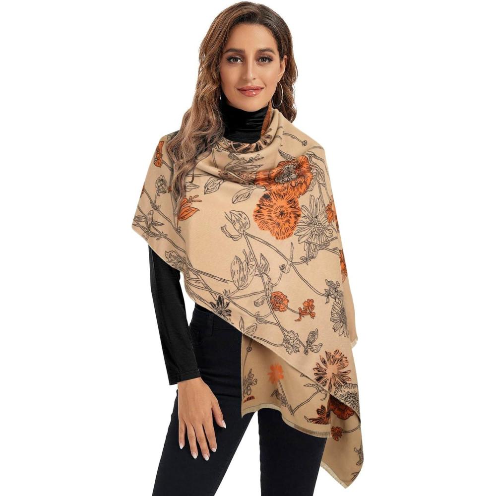imageEXTREE Scarfs for Women Pashmina Silky Shawl Wrap for Evening Dressing Blanket Open Front Poncho CapeBeige Peony