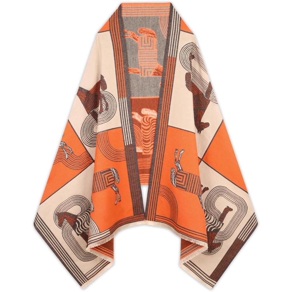 imageEXTREE Scarfs for Women Pashmina Silky Shawl Wrap for Evening Dressing Blanket Open Front Poncho CapeBritish Horse Orange