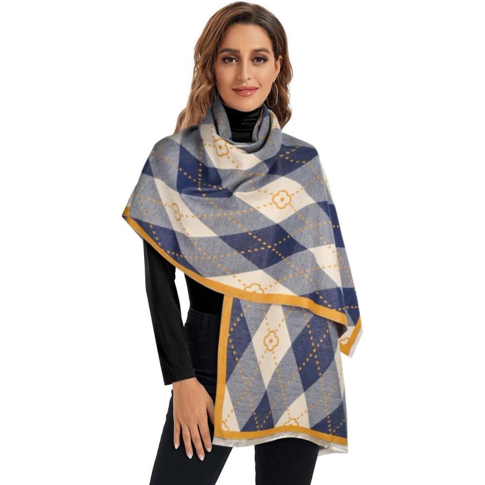 imageEXTREE Scarfs for Women Pashmina Silky Shawl Wrap for Evening Dressing Blanket Open Front Poncho CapeClover Blue Yellow