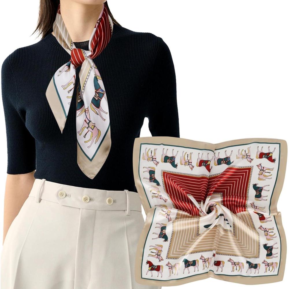 imageEXTREE Silk Feeling Scarf Medium Square Satin Head Scarf Sleeping Hair Wrapping for Women 275  275 inchesBack Horse Frame Khaki