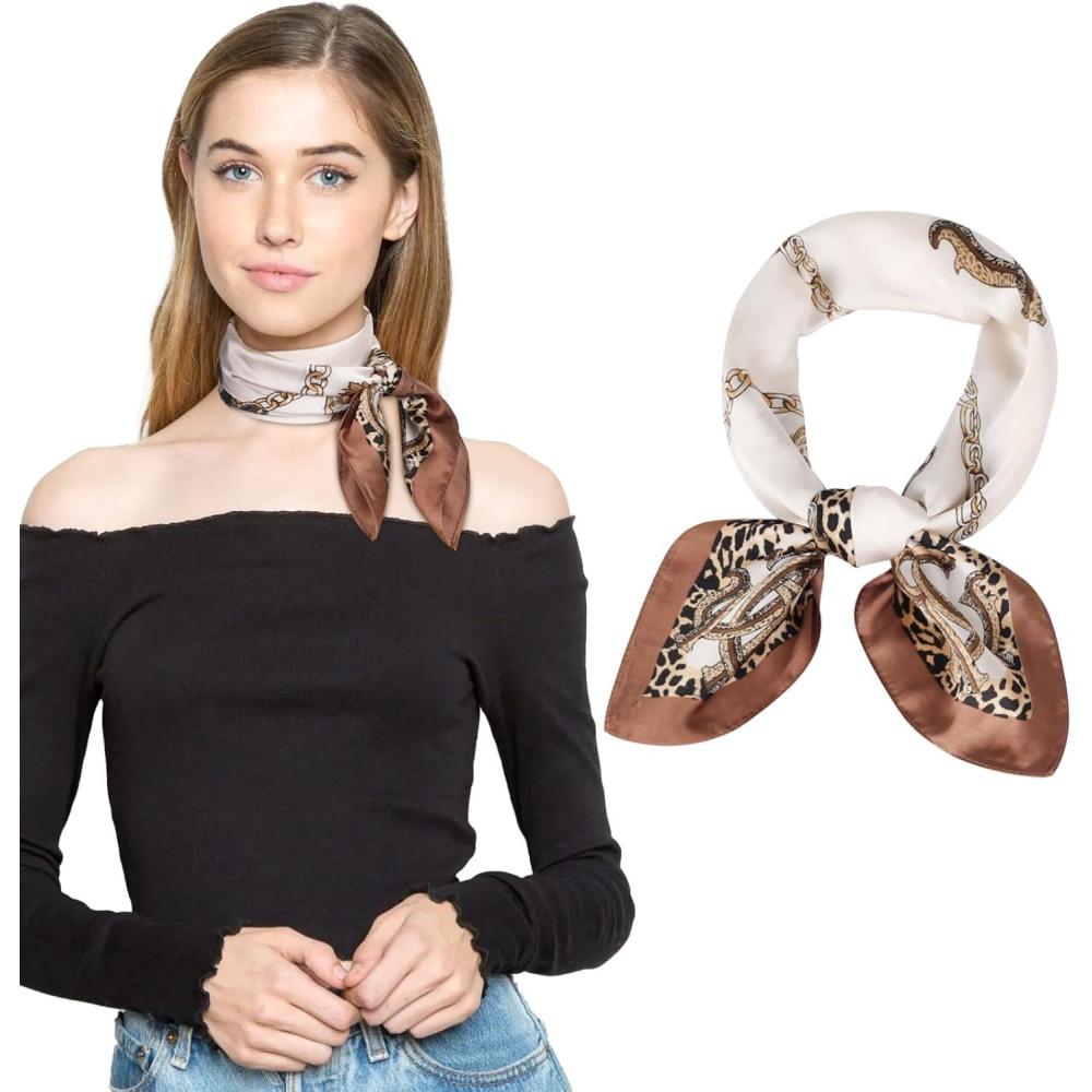 imageEXTREE Silk Feeling Scarf Medium Square Satin Head Scarf Sleeping Hair Wrapping for Women 275  275 inchesBeige Ambiguous Leopard Print