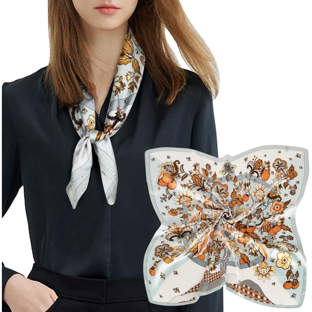 imageEXTREE Silk Feeling Scarf Medium Square Satin Head Scarf Sleeping Hair Wrapping for Women 275  275 inchesBeige Flowers