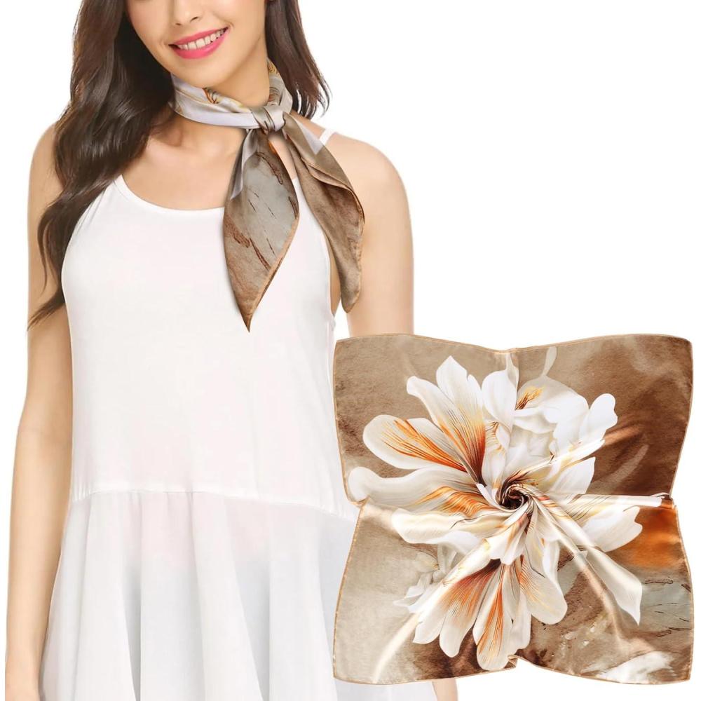 imageEXTREE Silk Feeling Scarf Medium Square Satin Head Scarf Sleeping Hair Wrapping for Women 275  275 inchesBig Lily Light Brown