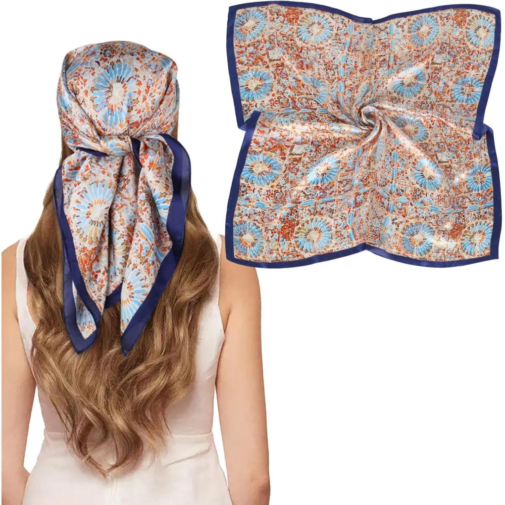 imageEXTREE Silk Feeling Scarf Medium Square Satin Head Scarf Sleeping Hair Wrapping for Women 275  275 inchesBlue Geometric Print