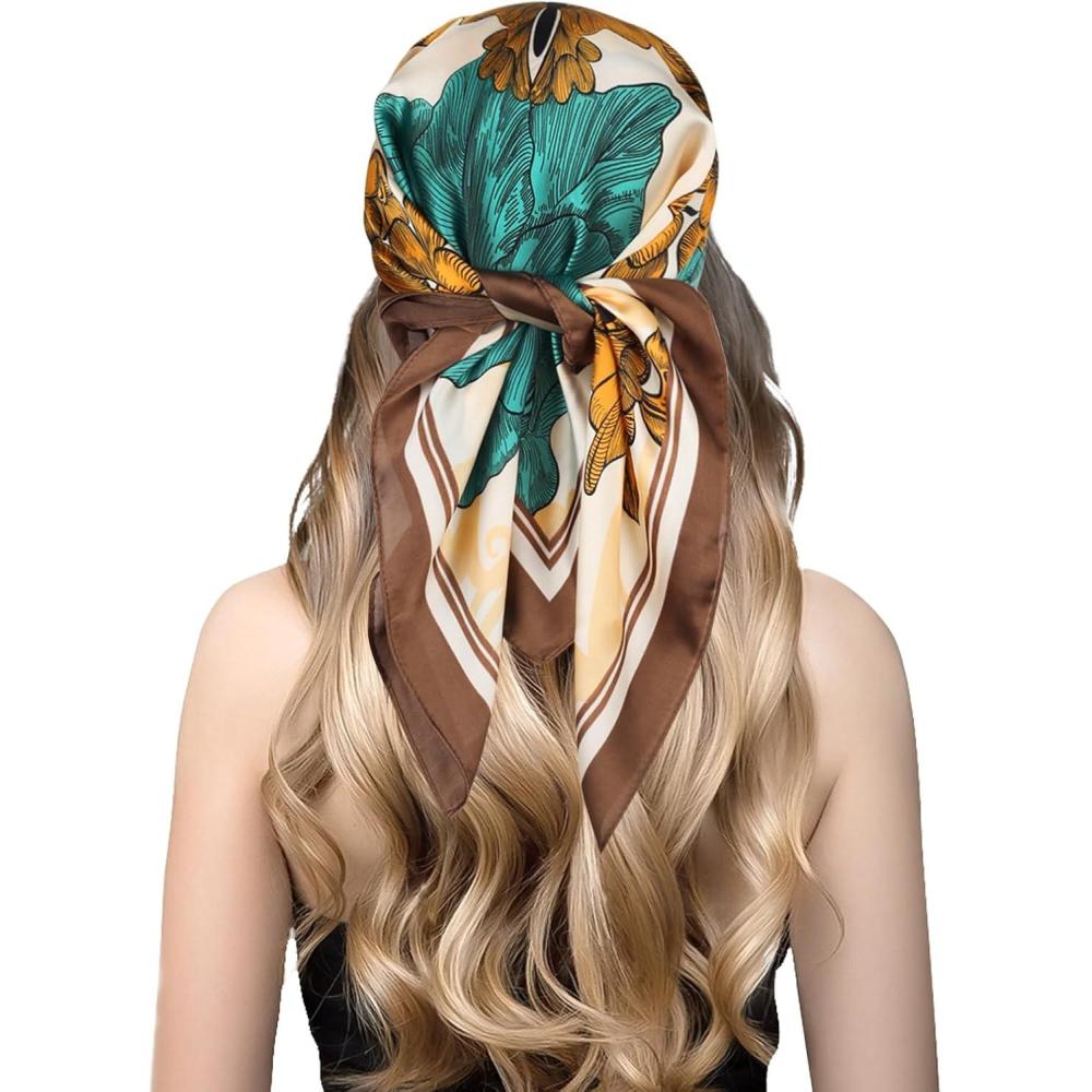 imageEXTREE Silk Feeling Scarf Medium Square Satin Head Scarf Sleeping Hair Wrapping for Women 275  275 inchesFine Line Twocolor Large Flower Brown