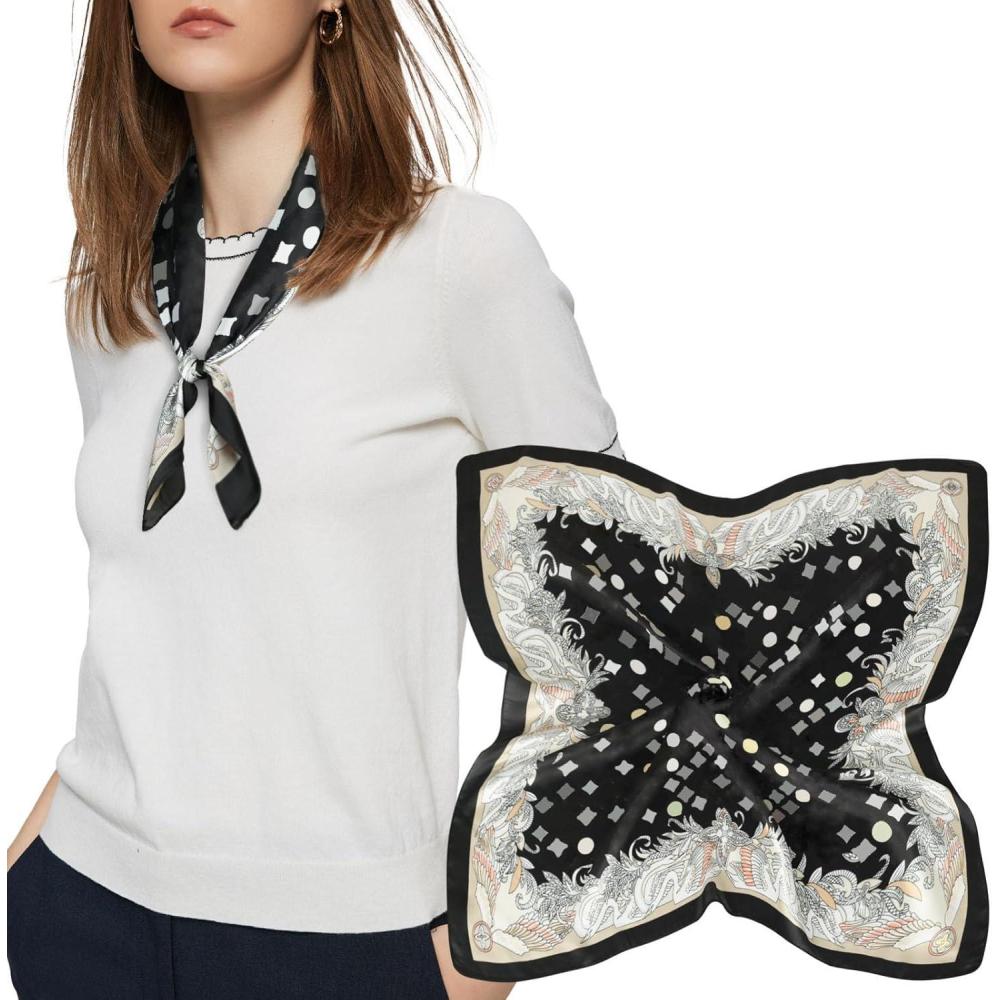 imageEXTREE Silk Feeling Scarf Medium Square Satin Head Scarf Sleeping Hair Wrapping for Women 275  275 inchesFour Leaf Clover Black