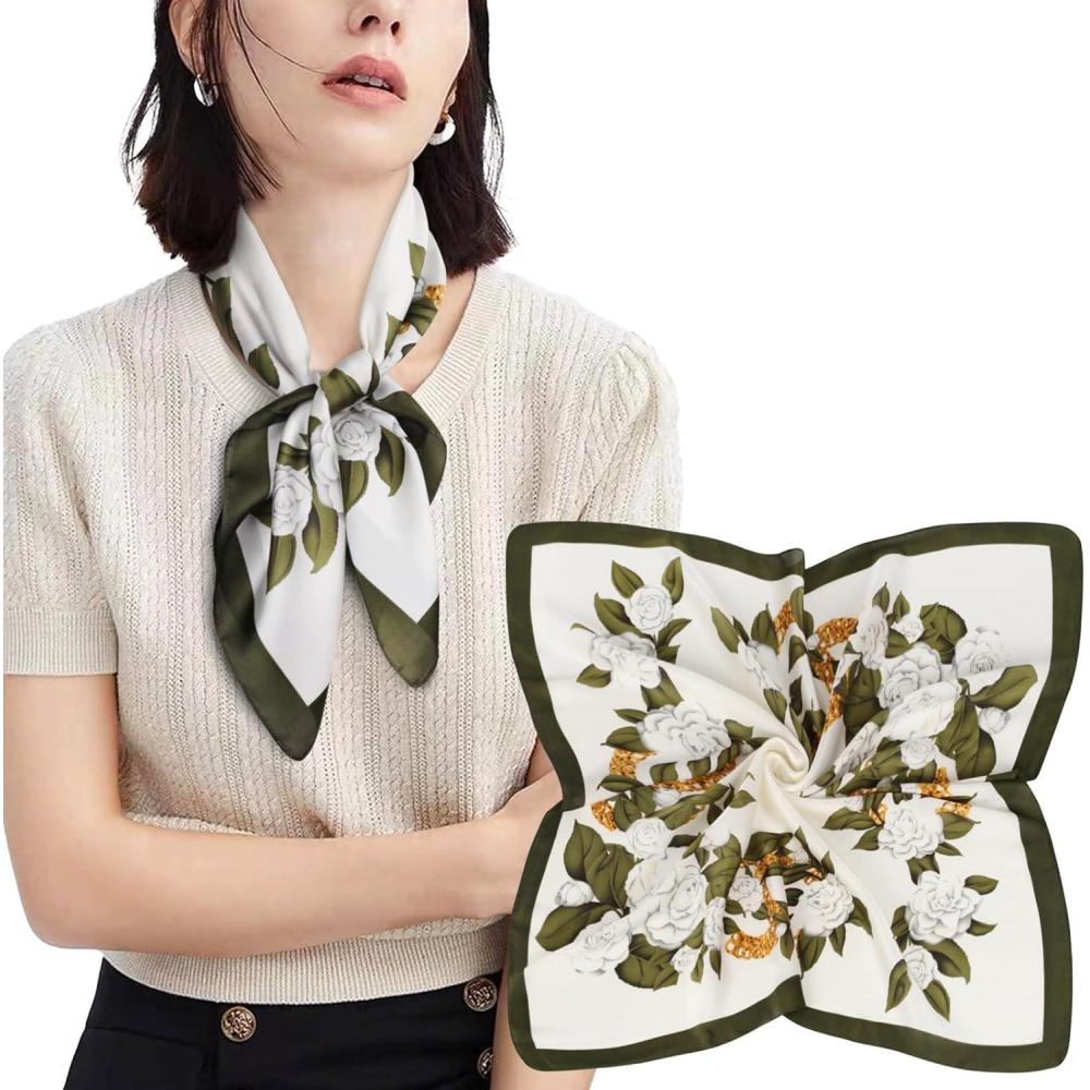 imageEXTREE Silk Feeling Scarf Medium Square Satin Head Scarf Sleeping Hair Wrapping for Women 275  275 inchesGreen Camellia