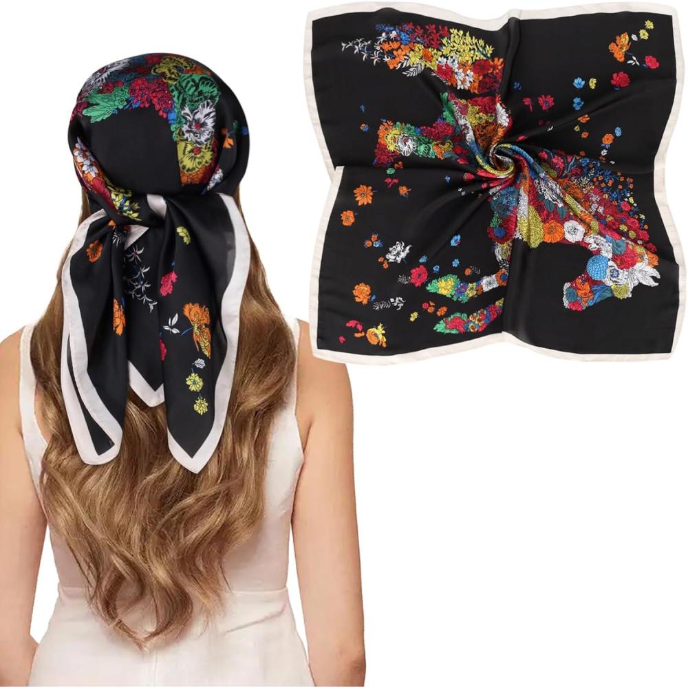 imageEXTREE Silk Feeling Scarf Medium Square Satin Head Scarf Sleeping Hair Wrapping for Women 275  275 inchesLight Floral Dress