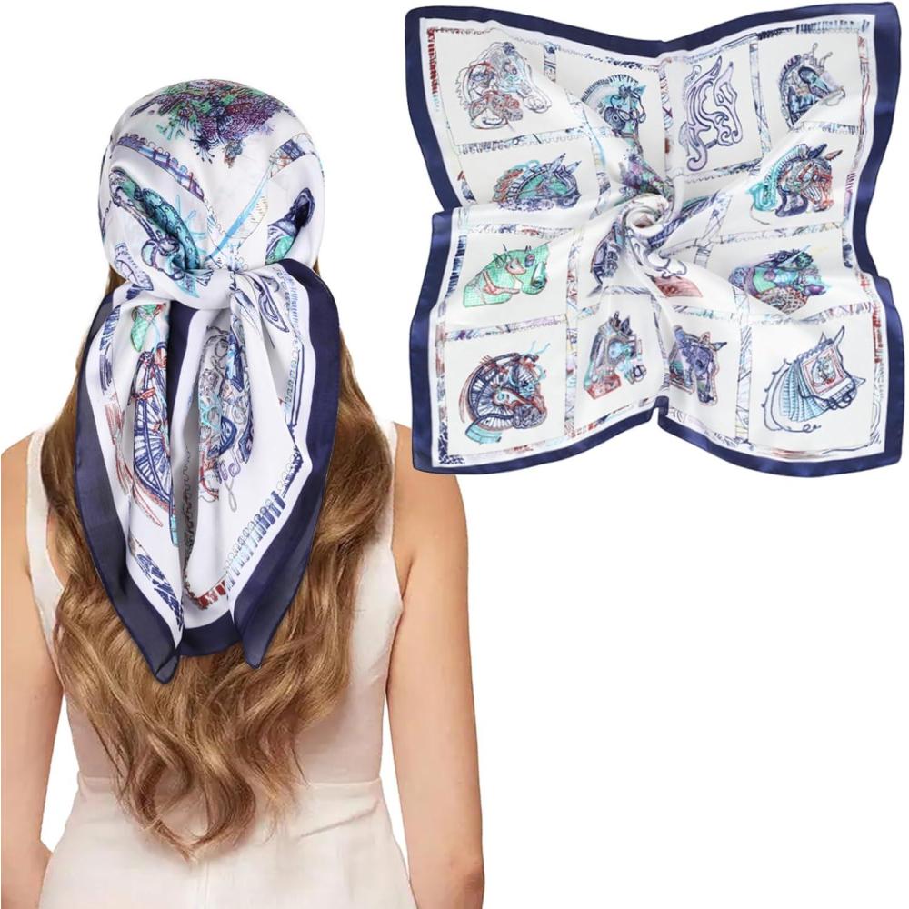 imageEXTREE Silk Feeling Scarf Medium Square Satin Head Scarf Sleeping Hair Wrapping for Women 275  275 inchesLine Drawing Horse Head White and Blue