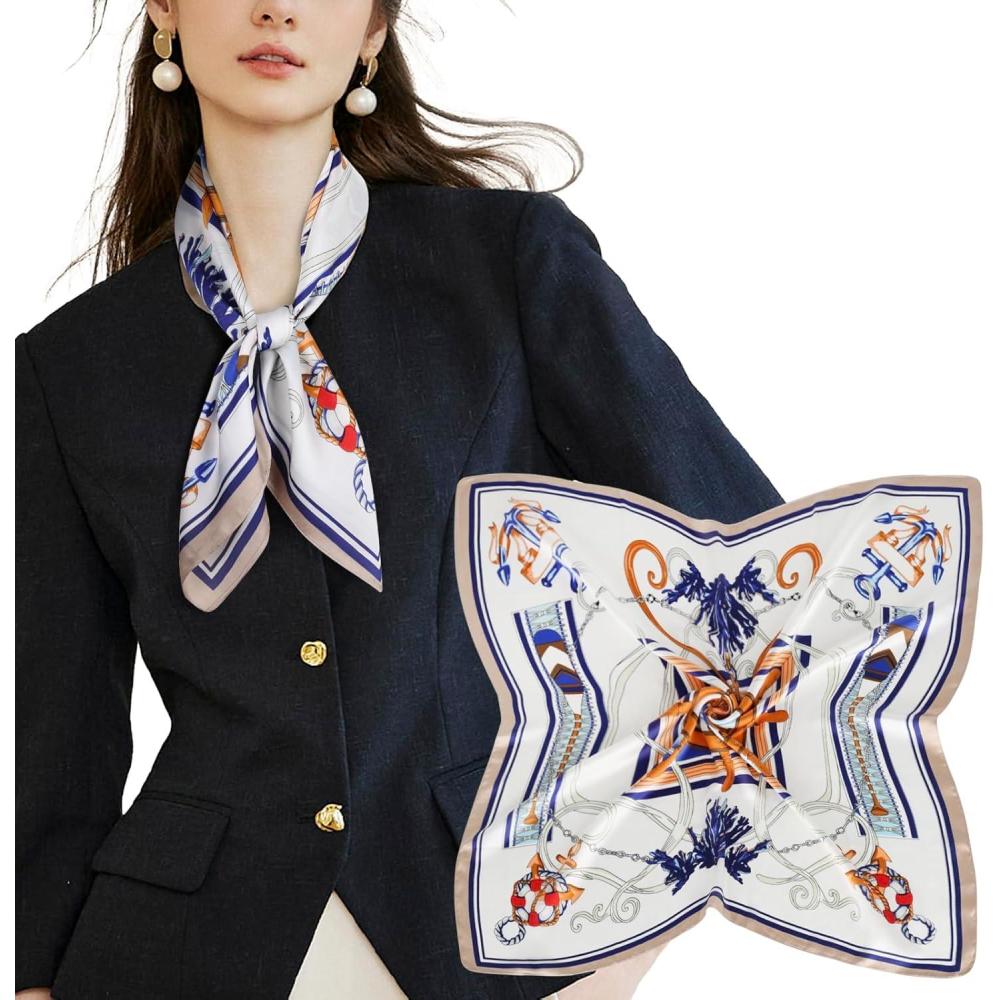 imageEXTREE Silk Feeling Scarf Medium Square Satin Head Scarf Sleeping Hair Wrapping for Women 275  275 inchesNautical Blue