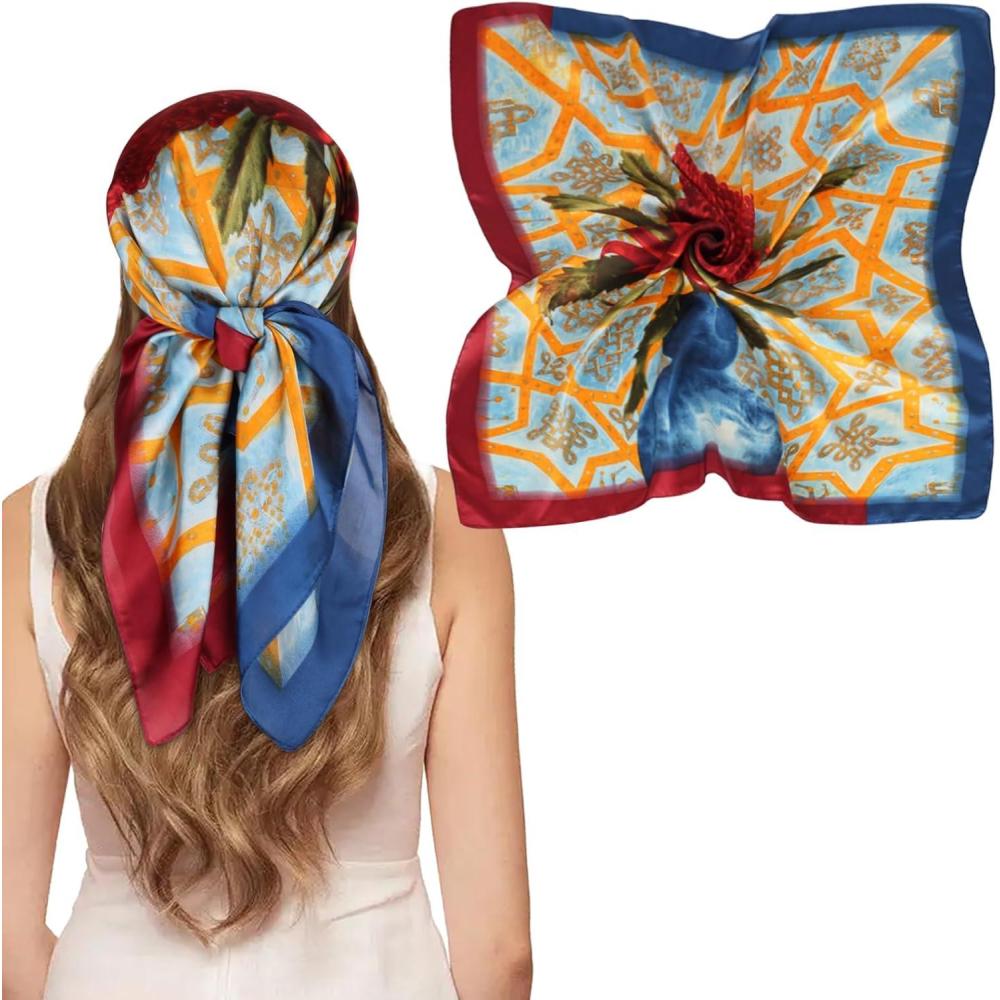 imageEXTREE Silk Feeling Scarf Medium Square Satin Head Scarf Sleeping Hair Wrapping for Women 275  275 inchesOil Painting Dandelion