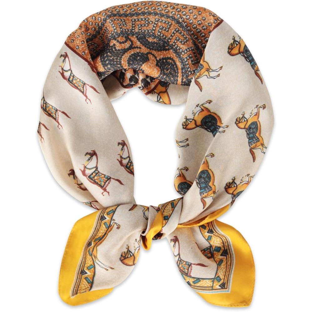 imageEXTREE Silk Feeling Scarf Medium Square Satin Head Scarf Sleeping Hair Wrapping for Women 275  275 inchesOrange Horse Galloping