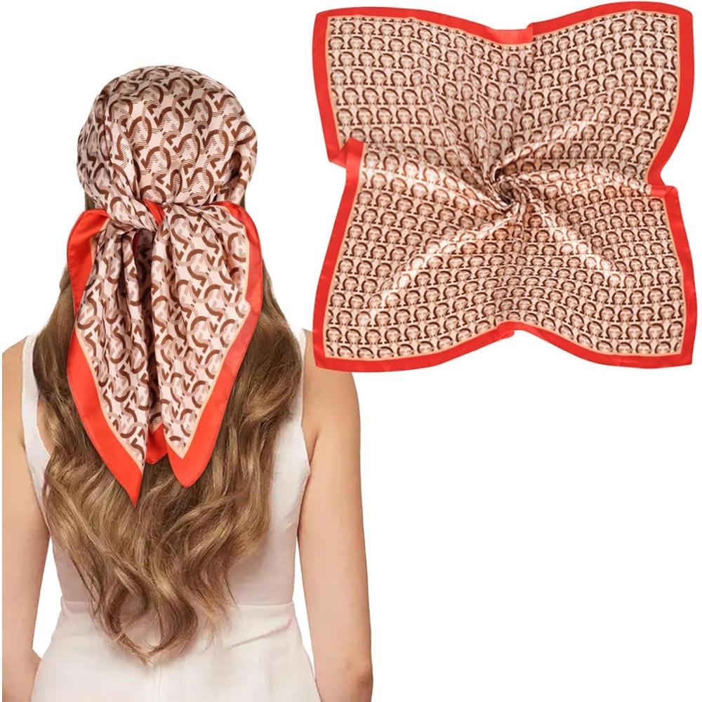 imageEXTREE Silk Feeling Scarf Medium Square Satin Head Scarf Sleeping Hair Wrapping for Women 275  275 inchesOrange Semicircle Pattern