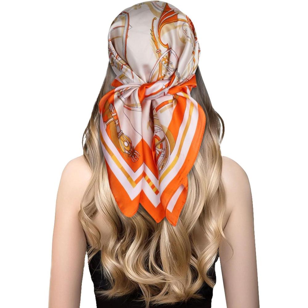 imageEXTREE Silk Feeling Scarf Medium Square Satin Head Scarf Sleeping Hair Wrapping for Women 275  275 inchesOrange and White Wheels