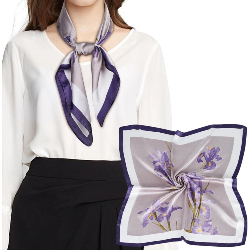 imageEXTREE Silk Feeling Scarf Medium Square Satin Head Scarf Sleeping Hair Wrapping for Women 275  275 inchesPurple Oriole