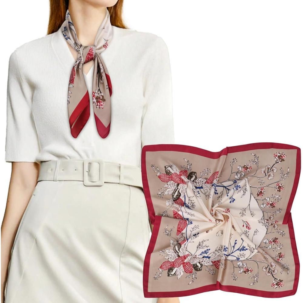 imageEXTREE Silk Feeling Scarf Medium Square Satin Head Scarf Sleeping Hair Wrapping for Women 275  275 inchesShell Flower Khaki