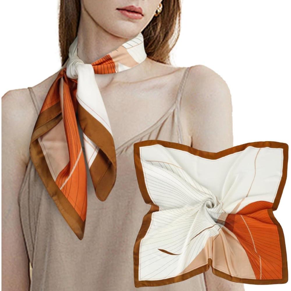 imageEXTREE Silk Feeling Scarf Medium Square Satin Head Scarf Sleeping Hair Wrapping for Women 275  275 inchesSunset Orange