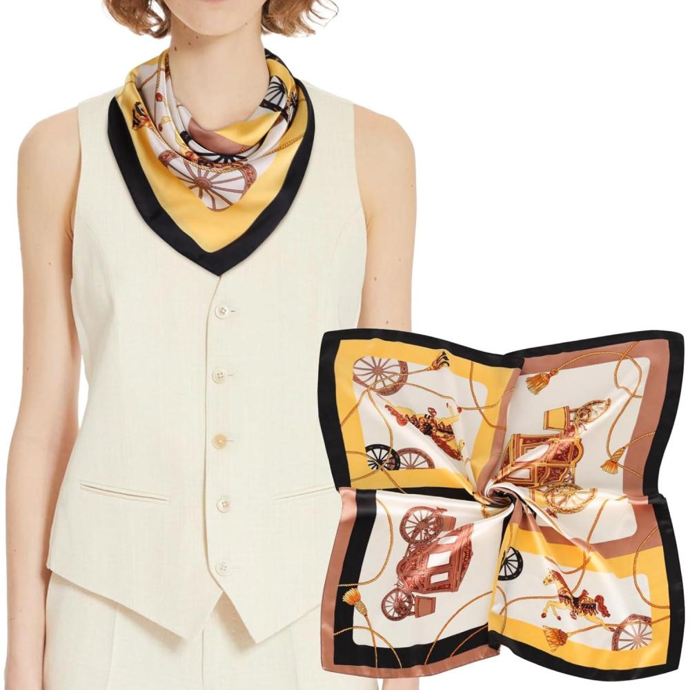 imageEXTREE Silk Feeling Scarf Medium Square Satin Head Scarf Sleeping Hair Wrapping for Women 275  275 inchesTassel Carriage Yellow