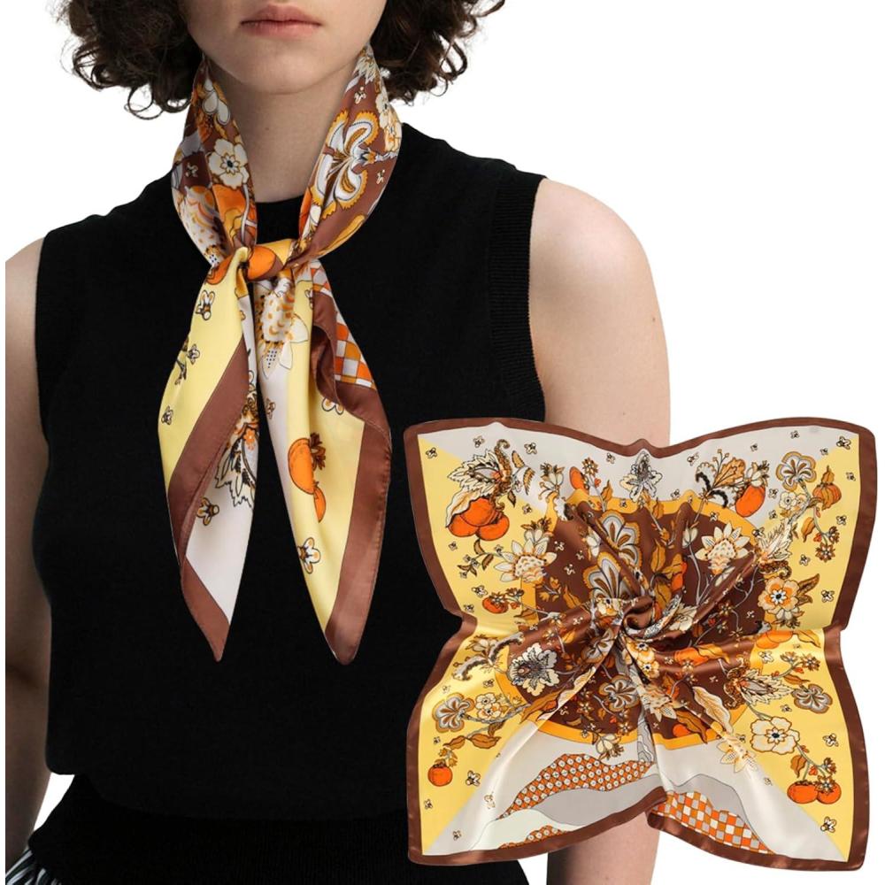imageEXTREE Silk Feeling Scarf Medium Square Satin Head Scarf Sleeping Hair Wrapping for Women 275  275 inchesYellow Flowers